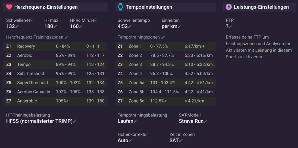 Einstellungen der Plattform für Laufen mit Schwellen-HF 132 und HFmax 180 und den daraus berechneten Herzfrequenzzonen